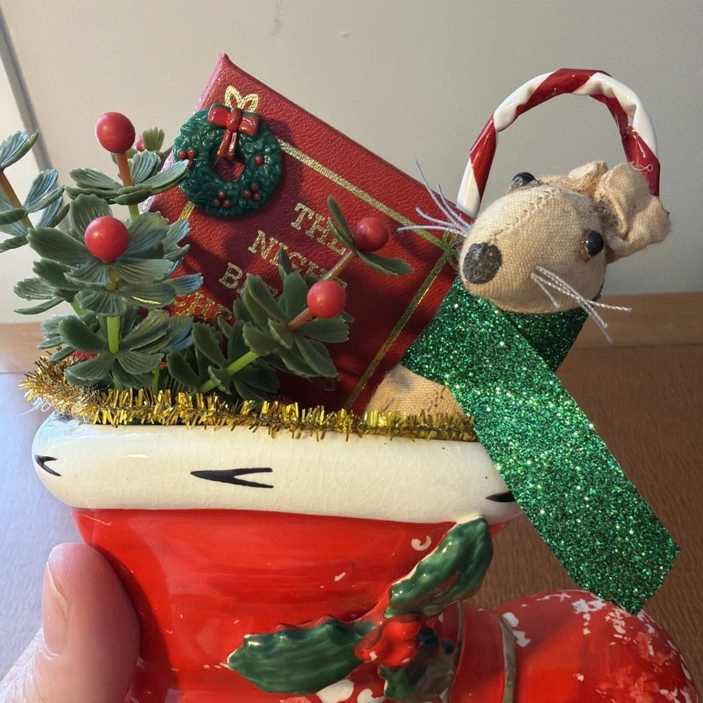 Vintage Lefton Christmas Red Santa‎ Boot Planter Mouse & Book Plastic Holly
